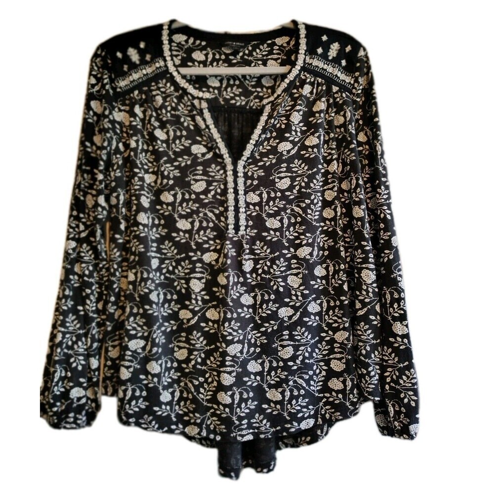 Lucky Brand Boho Embroidered Lace Accent Floral Long Sleeve Top L